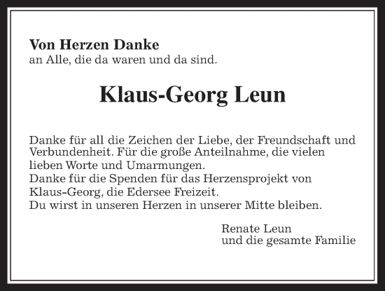 Traueranzeige von Klaus-Georg Leun von Giessener Allgemeine, Alsfelder Allgemeine, Giessener Anzeiger
