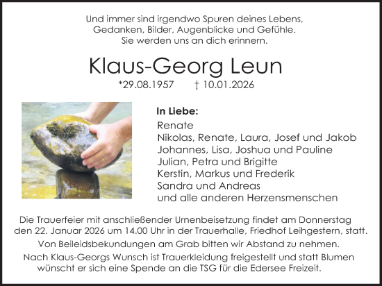 Traueranzeige von Klaus-Georg Leun von Giessener Anzeiger, Giessener Allgemeine, Alsfelder Allgemeine