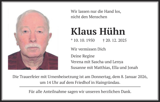 Traueranzeige von Klaus Hühn von Kreis-Anzeiger