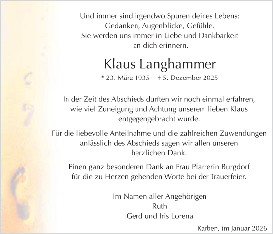 Traueranzeige von Klaus Langhammer von Wetterauer Zeitung, Bad Vilbel/Karben