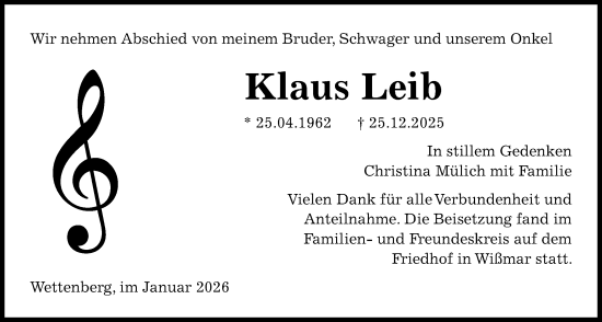 Traueranzeige von Klaus Leib von Giessener Allgemeine, Alsfelder Allgemeine