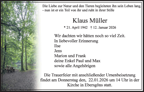 Traueranzeige von Klaus Müller von Butzbacher Zeitung