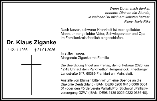 Traueranzeige von Klaus Ziganke von Bad Vilbel/Karben
