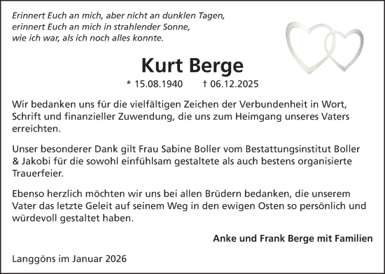 Traueranzeige von Kurt Berge von Giessener Allgemeine, Alsfelder Allgemeine
