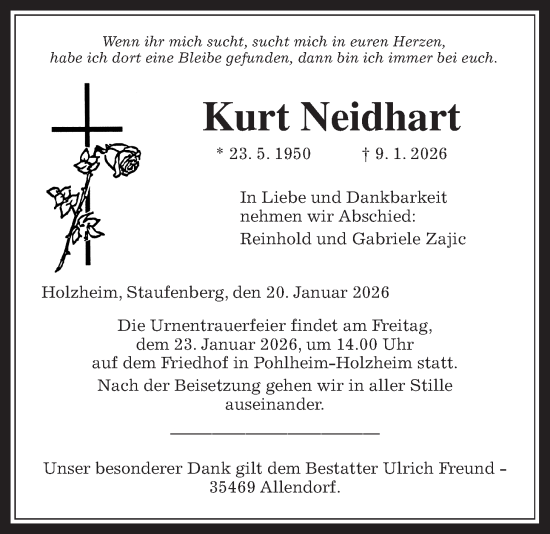 Traueranzeige von Kurt Neidhart von Wetterauer Zeitung, Giessener Allgemeine, Alsfelder Allgemeine