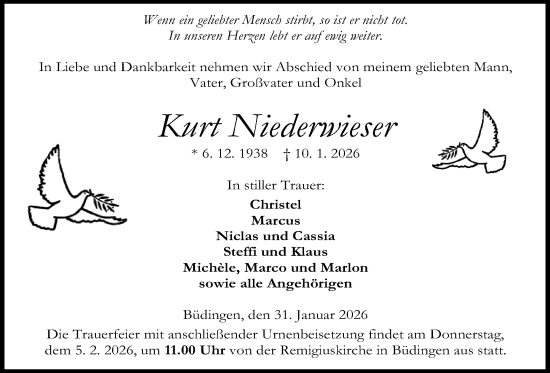 Traueranzeige von Kurt Niederwieser von Kreis-Anzeiger
