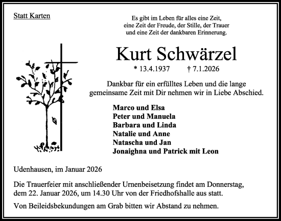 Traueranzeige von Kurt Schwärzel von Oberhessische Zeitung