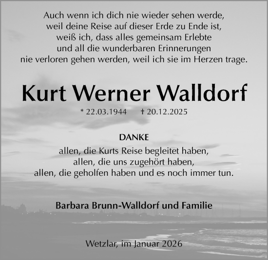 Traueranzeige von Kurt Werner Walldorf von Giessener Allgemeine, Alsfelder Allgemeine