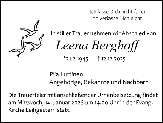 Traueranzeige von Leena Berghoff von Giessener Allgemeine, Alsfelder Allgemeine