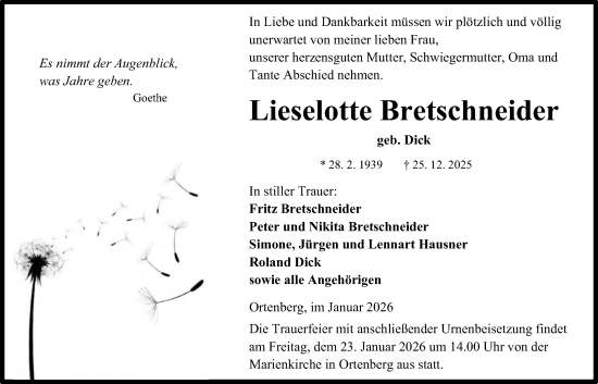 Traueranzeige von Lieselotte Bretschneider von Kreis-Anzeiger