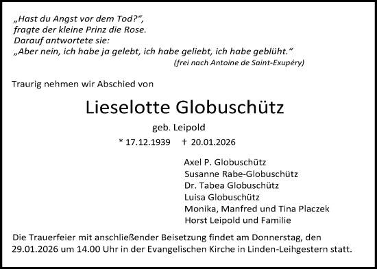 Traueranzeige von Lieselotte Globuschütz von Giessener Allgemeine, Alsfelder Allgemeine
