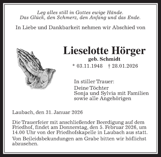 Traueranzeige von Lieselotte Hörger von Giessener Allgemeine, Alsfelder Allgemeine