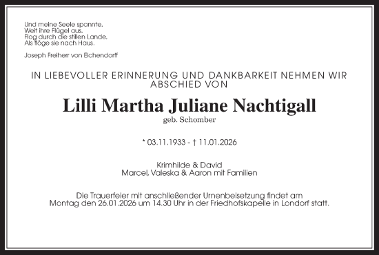 Traueranzeige von Lilli Martha Juliane Nachtigall von Giessener Anzeiger, Giessener Allgemeine, Alsfelder Allgemeine