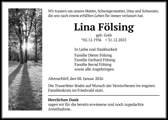 Traueranzeige von Lina Fölsing von Lauterbacher Anzeiger