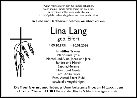 Traueranzeige von Lina Lang von Lauterbacher Anzeiger