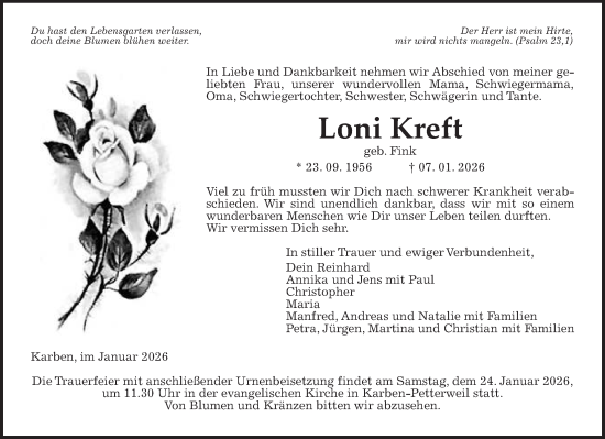 Traueranzeige von Loni Kreft von Wetterauer Zeitung