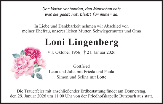 Traueranzeige von Loni Lingenberg von Butzbacher Zeitung
