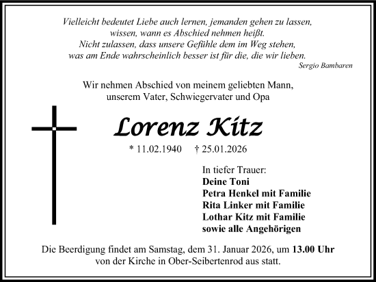 Traueranzeige von Lorenz Kitz von Alsfelder Allgemeine, Oberhessische Zeitung