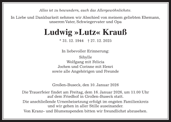Traueranzeige von Ludwig Krauß von Giessener Allgemeine, Alsfelder Allgemeine