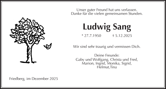 Traueranzeige von Ludwig Sang von Wetterauer Zeitung, Wetterauer Zeitung