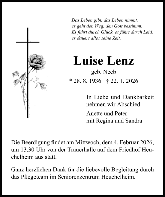 Traueranzeige von Luise Lenz von Giessener Allgemeine, Alsfelder Allgemeine
