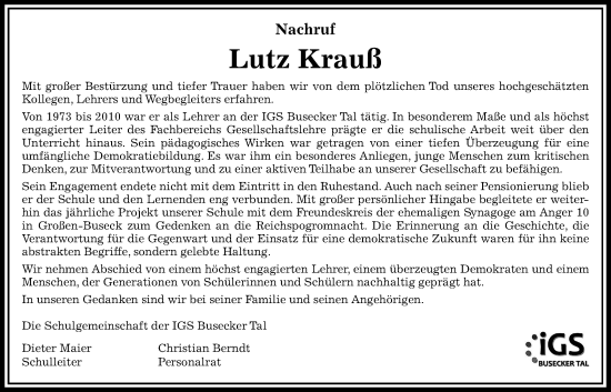 Traueranzeige von Lutz Krauß von Giessener Allgemeine, Alsfelder Allgemeine