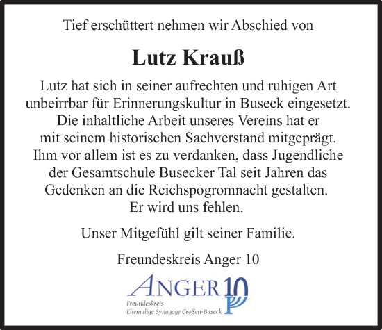 Traueranzeige von Lutz Krauß von Giessener Anzeiger, Giessener Allgemeine, Alsfelder Allgemeine
