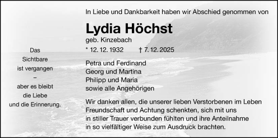 Traueranzeige von Lydia Höchst von Rabenauer Zeitung