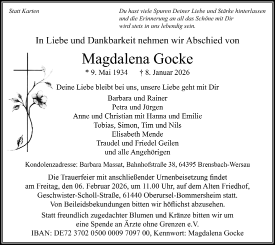 Traueranzeige von Magdalena Gocke von Usinger Anzeiger