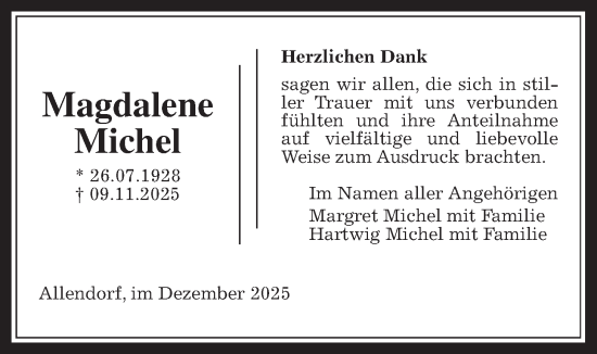 Traueranzeige von Magdalene Michel von Allendorfer Mitteilungen
