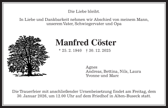 Traueranzeige von Manfred Cöster von Giessener Allgemeine, Alsfelder Allgemeine