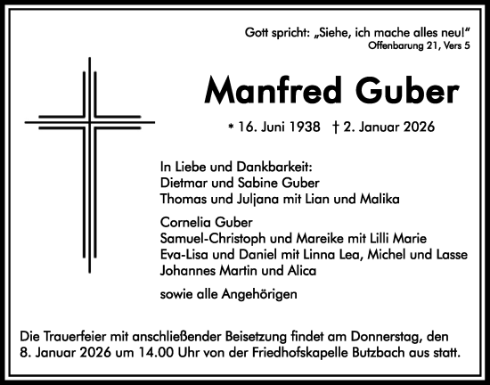 Traueranzeige von Manfred Guber von Butzbacher Zeitung, Giessener Anzeiger