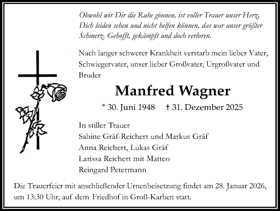 Traueranzeige von Manfred Wagner von Bad Vilbel/Karben