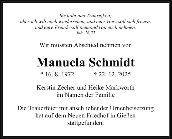 Traueranzeige von Manuela Schmidt von Giessener Anzeiger, Giessener Allgemeine, Alsfelder Allgemeine