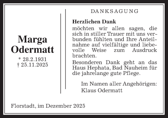 Traueranzeige von Marga Odermatt von Wetterauer Zeitung, Wetterauer Zeitung