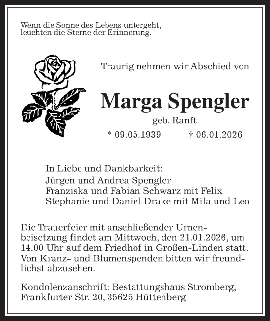 Traueranzeige von Marga Spengler von Giessener Anzeiger, Giessener Allgemeine, Alsfelder Allgemeine