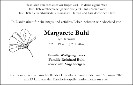 Traueranzeige von Margarete Buhl von Giessener Allgemeine, Alsfelder Allgemeine