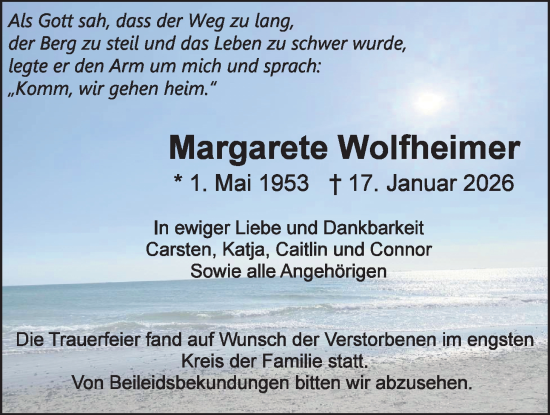 Traueranzeige von Margarete Wolfheimer von Butzbacher Zeitung