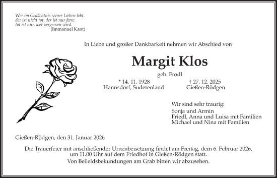 Traueranzeige von Margit Klos von Giessener Allgemeine, Alsfelder Allgemeine, Giessener Anzeiger