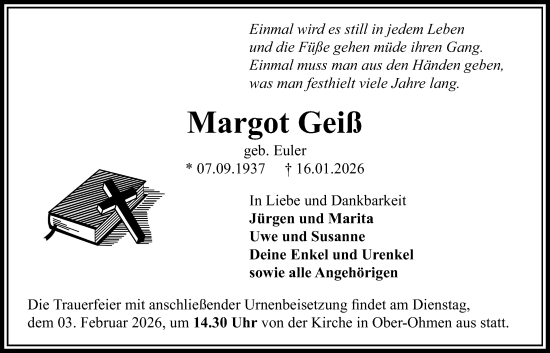 Traueranzeige von Margot Geiß von Mücker Stimme, Giessener Allgemeine, Alsfelder Allgemeine