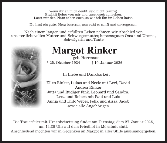 Traueranzeige von Margot Rinker von Usinger Anzeiger