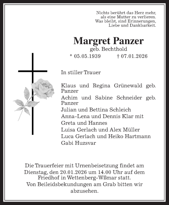 Traueranzeige von Margret Panzer von Giessener Allgemeine, Alsfelder Allgemeine