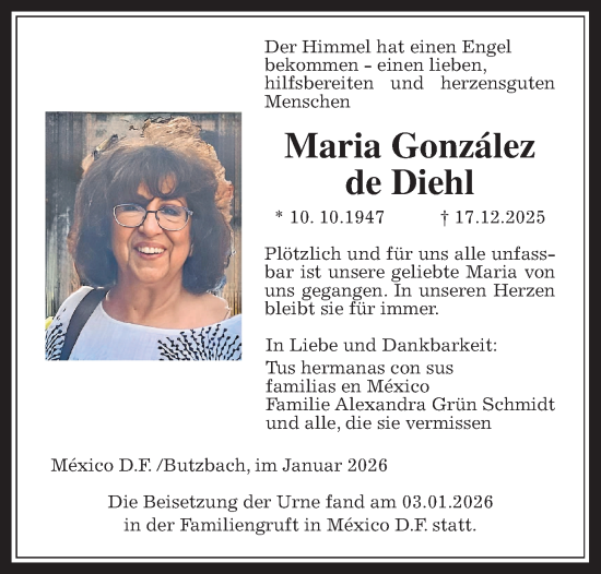 Traueranzeige von Maria González de Diehl von Butzbacher Zeitung