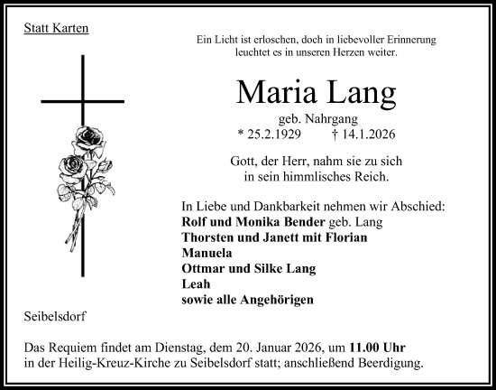 Traueranzeige von Maria Lang von Oberhessische Zeitung