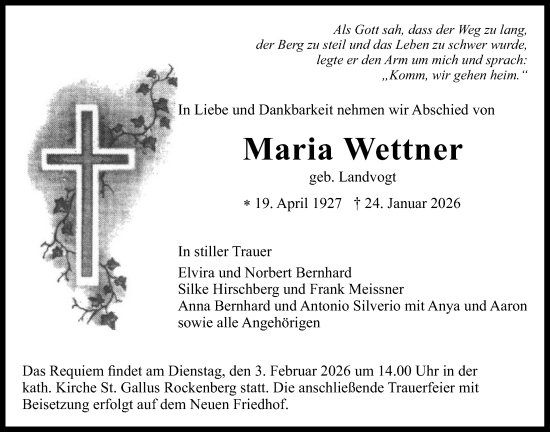 Traueranzeige von Maria Wettner von Butzbacher Zeitung, Wetterauer Zeitung
