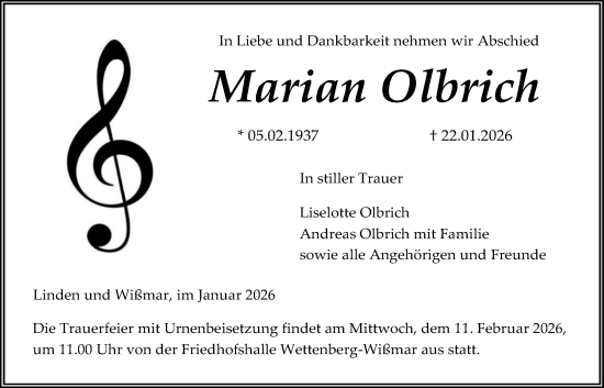Traueranzeige von Marian Olbrich von Giessener Anzeiger