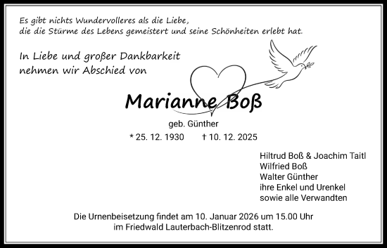Traueranzeige von Marianne Boß von Lauterbacher Anzeiger, Lauterbacher Anzeiger