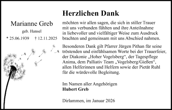 Traueranzeige von Marianne Greb von Lauterbacher Anzeiger, 