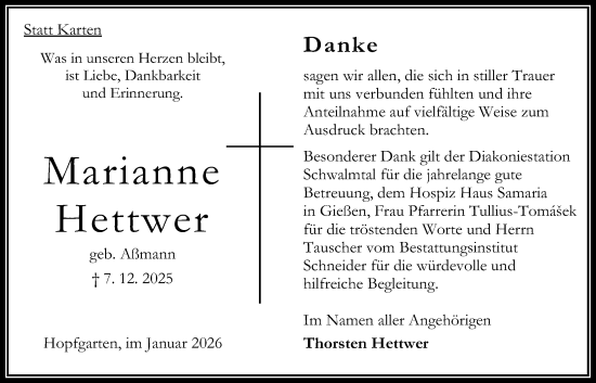 Traueranzeige von Marianne Hettwer von Oberhessische Zeitung