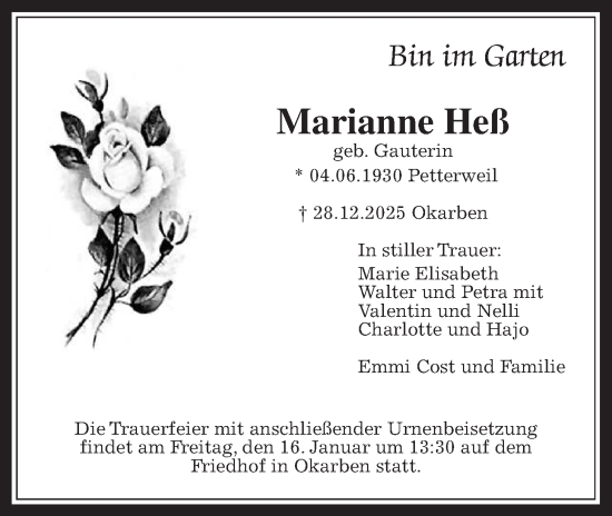 Traueranzeige von Marianne Heß von Wetterauer Zeitung
